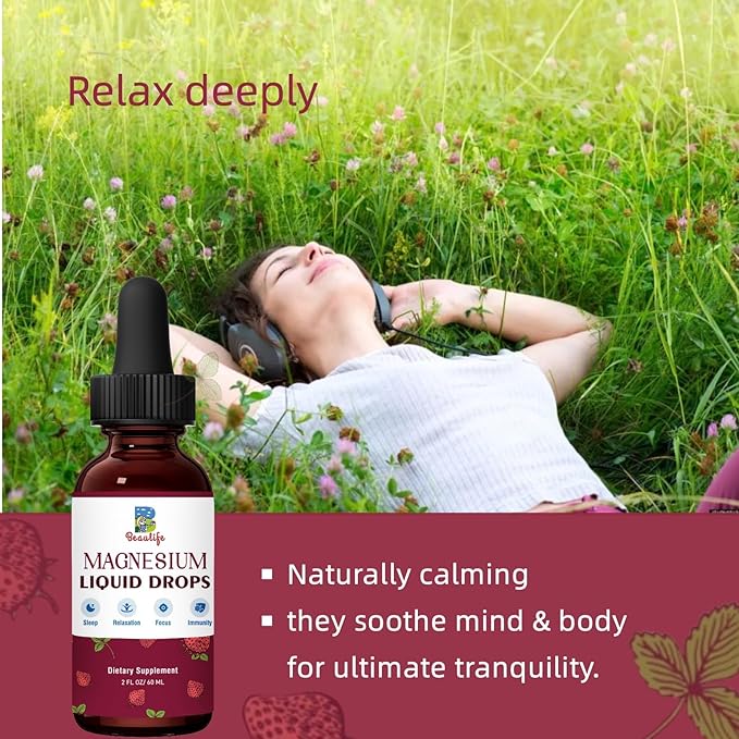 Magnesium Liquid Drop, 1000mg Magnesium Supplement，with Magnesium Glycinate & Citrate, Strawberry Flavor, Calm Mood, Sleep ，Relaxation, Immune, Heart for Adults and Kids