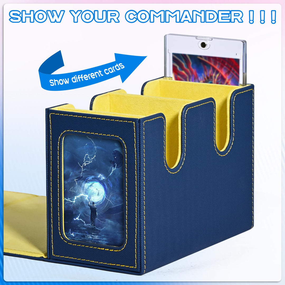 UAONO Deck Box with Dual Commander Displays, Card Storage Box Holds 280+ Single-Sleeved Cards, Trading Card Box Suitable for CCG, MTG, EDH (Blue&Yellow)