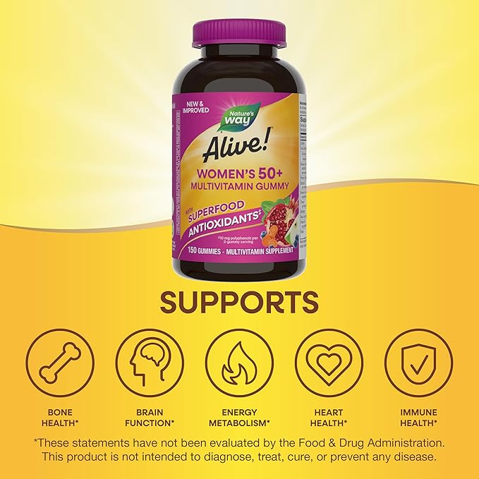 Nature's Way Alive Women’s 50+ Daily Gummy Multivitamins, Supports Multiple Body Systems*, Supports Healthy Heart, Brain & Bones,* B-Vitamins, Mixed Berry Flavored, 150 Gummies (Packaging May Vary)