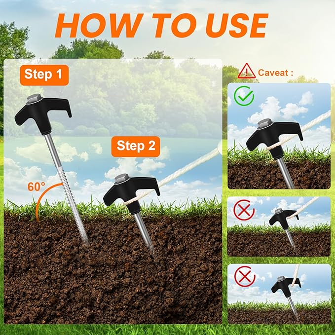 8" Screw in Tent Stakes 12PCS - Ground Anchors Screw - Screw in Tent Stakes Heavy Duty - Tent Pegs Camping Stakes - Hex Pegs Drillable Tent Stakes and Hexagon Head Drive and Storage Box (Black)