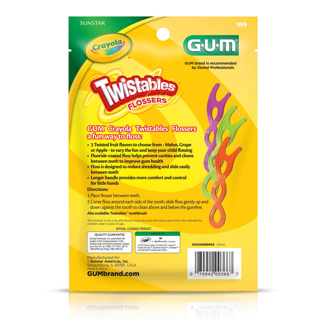 GUM Crayola Twistables Kids Flossers with Fluoride - Designed for Little Hands - Three Fun Fruit Flavors - Easy to Use Kids Floss Picks for Children Ages 3+, 90 Count