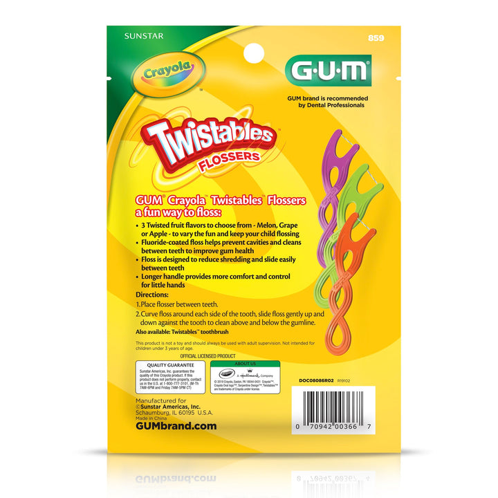 GUM Crayola Twistables Kids Flossers with Fluoride - Designed for Little Hands - Three Fun Fruit Flavors - Easy to Use Kids Floss Picks for Children Ages 3+, 90 Count