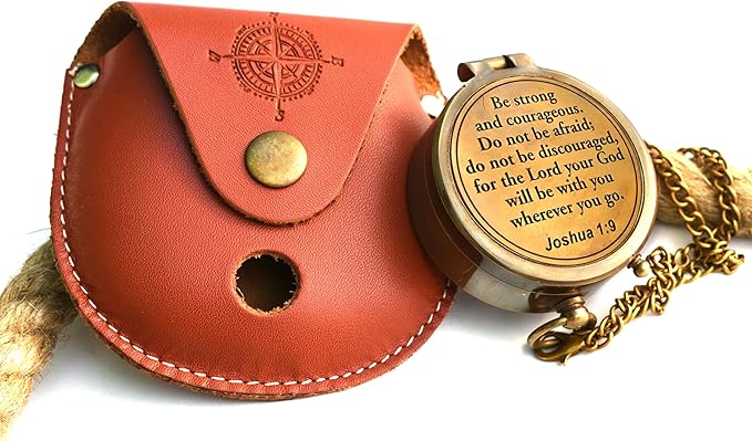 Be Strong and Courageous (Joshua 1:9) Brass Compass with wooden Box-Engraved Scripture Prayer Compass Religious Gift for Men & Women - Baptism, Confirmation, Communion Compass for Boys Graduation Gift
