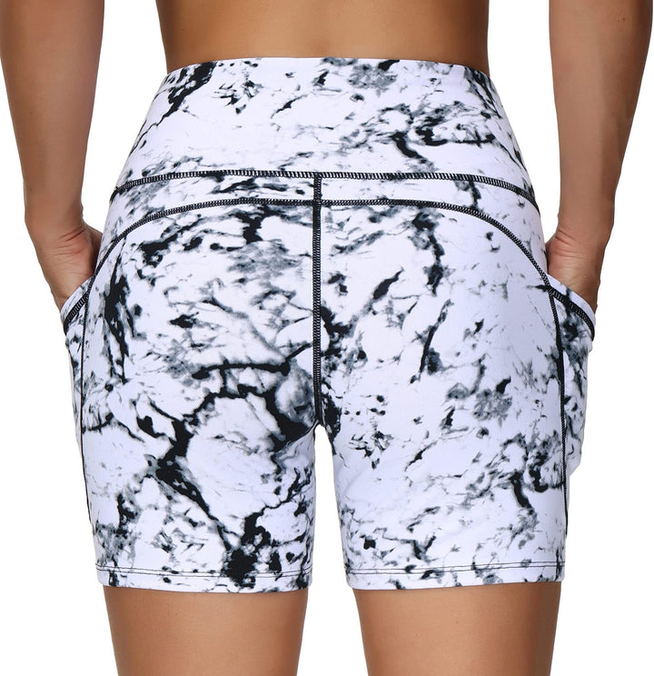 THE GYM PEOPLE High Waist Yoga Shorts for Women Tummy Control Fitness Athletic Workout Running Shorts with Deep Pockets (Small, Marble White)