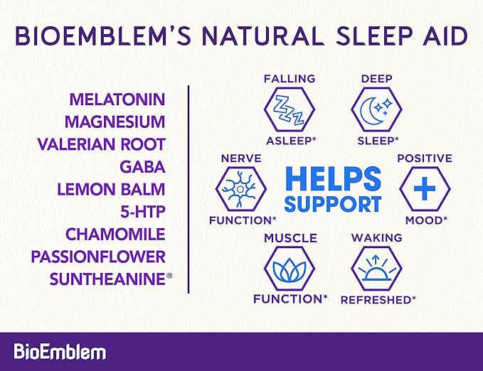 BioEmblem Natural Sleep Aid for Adults with Melatonin, Valerian Root, Suntheanine & More | Healthy Sleep Supplement | Herbal Sleeping Pills | 60 Capsules, 5 Pack