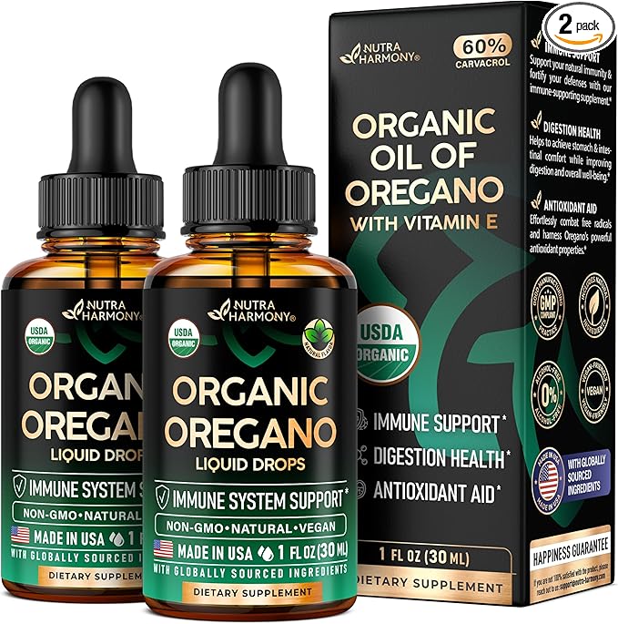 USDA Organic Oil of Oregano - Liquid Drops with Vitamin E - Made in USA - Supplement for Immune Support, Digestion Health & Antioxidant - Non-GMO, Natural, Vegan - Pack of 2