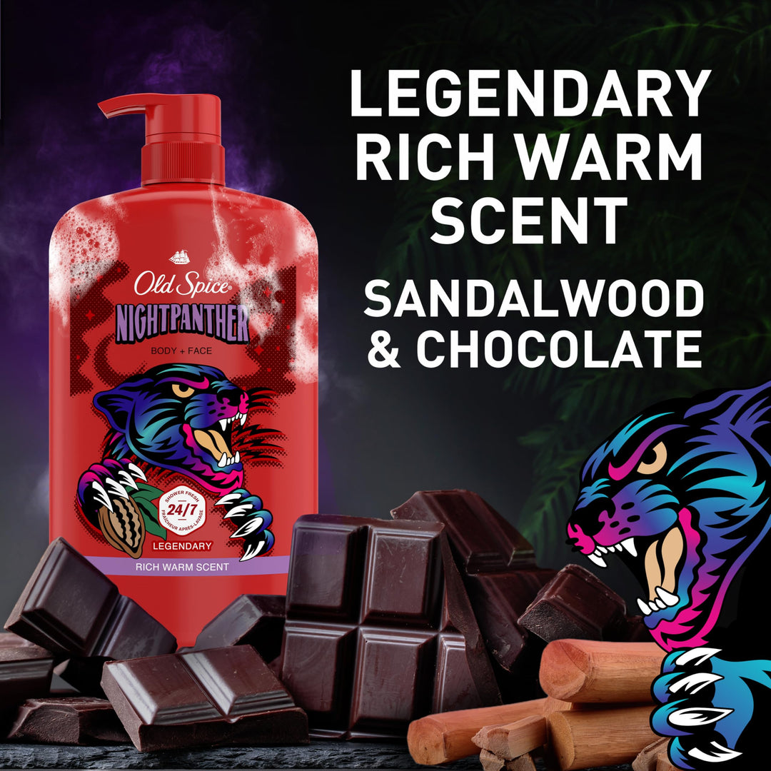 Old Spice Cleansing Body Wash for Men, 3X Defense, 24/7 Shower Fresh with Lasting Scent, 2-in-1 Body & Face Wash, NightPanther with Rich Warm Scent, 33.4 oz