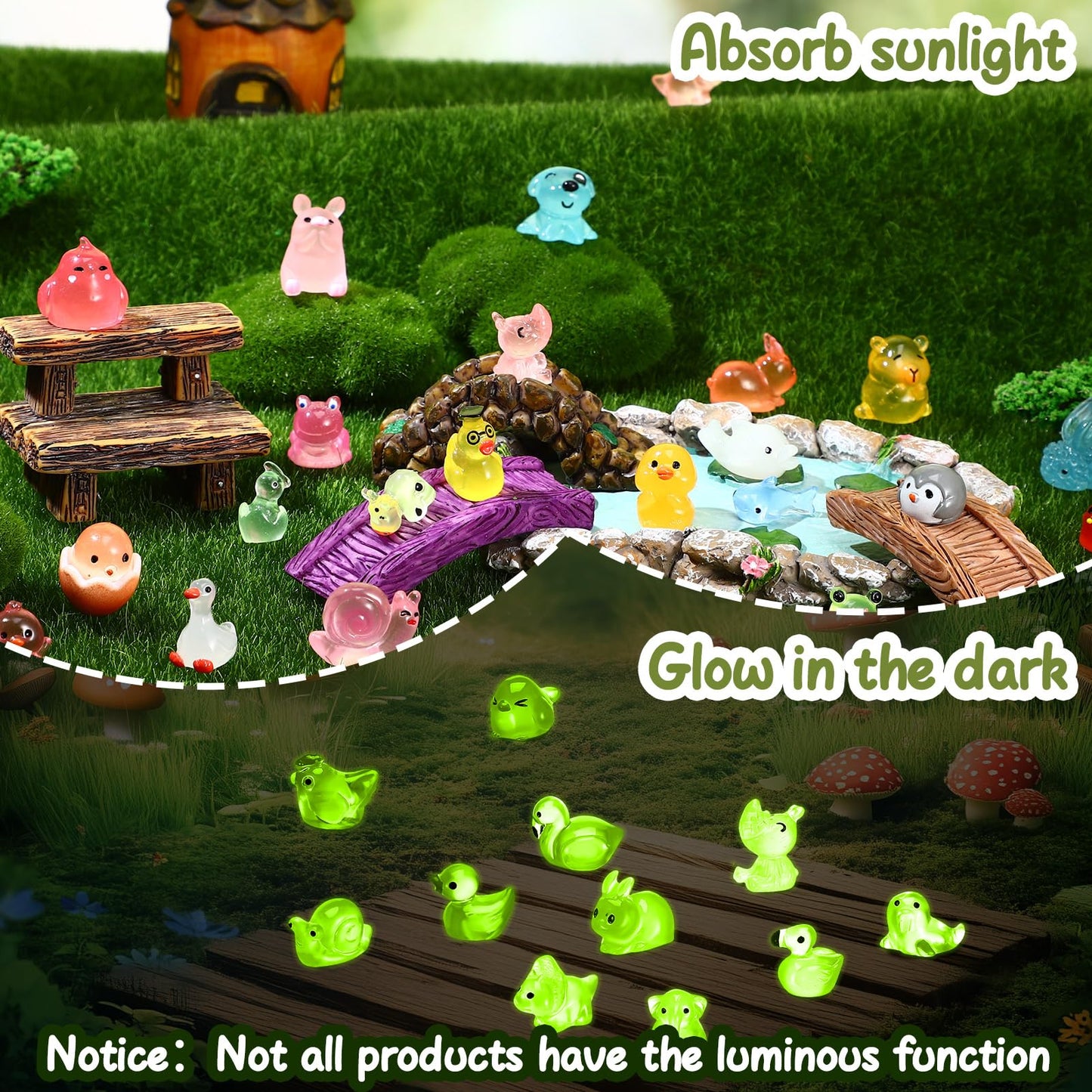 55PCS Mini Resin Animals, 55 Styles Glow in The Dark Mini Animals Luminous Resin Animal Tiny Small Animal Miniature Figures for Garden Dollhouse Decor