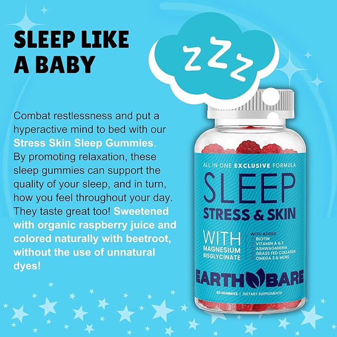 All in One Stress Skin Sleep Gummies w/Magnesium Glycinate, Grass Fed Collagen, Vitamin A, C, E & Zinc | Sleep & Glow Gummies for Adults | 60 Gummies