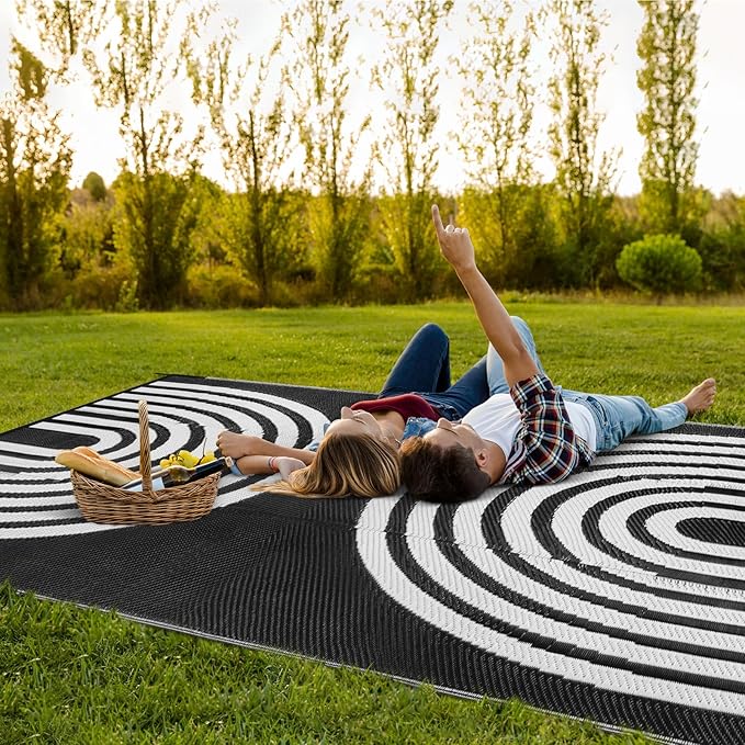 Anidaroel 9x18ft Reversible RV Outdoor Rugs for Camping, Waterproof Patio Rugs Outdoor Clearance, Outdoor Plastic Straw Outside Area Rugs Camping, Pool Deck, Backyard, Picnic(Black&White, 9‘x18')