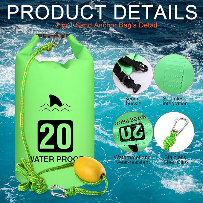 2 Set 20L Sand Anchor Heavy Duty Buoy Kit 2 in 1 Kayak Anchor Floating Waterproof Dry Bag with High Visibility Float Rope for Lake Beach Boat Hiking Camping Water Sports Surfing Kayaking(Green)