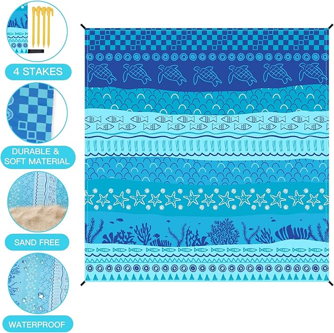 Beach Blanket, Sandproof Beach Mat 79" X 82" for 4-7 Adults, Large Waterproof Beach Blanket Quick Drying Lightweight Beach Blanket with 4 Stakes for Travel Camping Hiking(Blue Sea World)