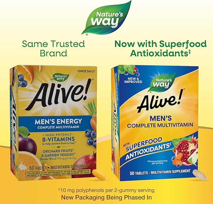 Nature's Way Alive! Men's Complete Multivitamin, Supports Energy Metabolism & Muscle Function*, B-Vitamins, Superfood Antioxidants**, Gluten-Free, 50 Tablets (Packaging May Vary)