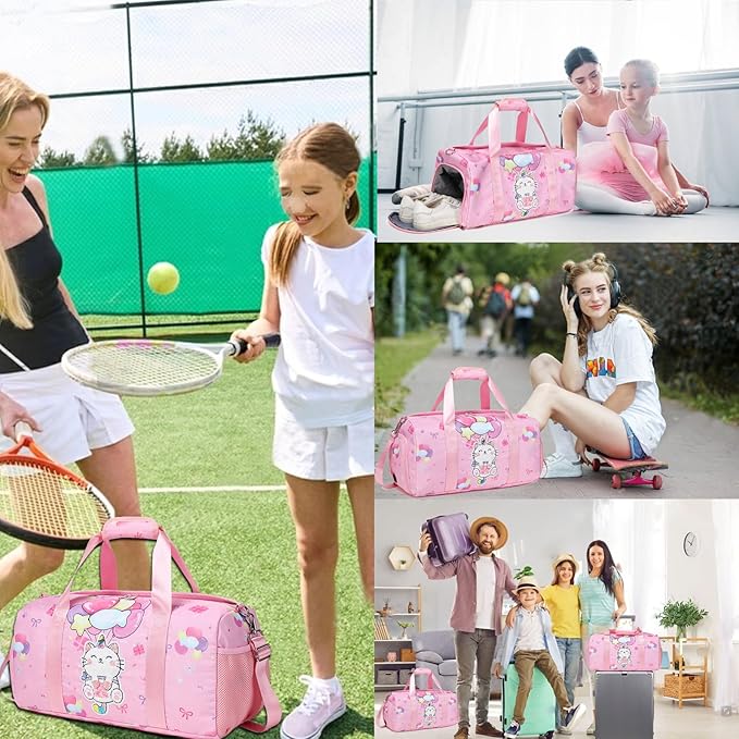 Duffle Bag Girls Kids Cute Cat Dance Bag Gym Bag with Shoes Compartment & Wet Separation Waterproof Sports Overnight Travel Bag