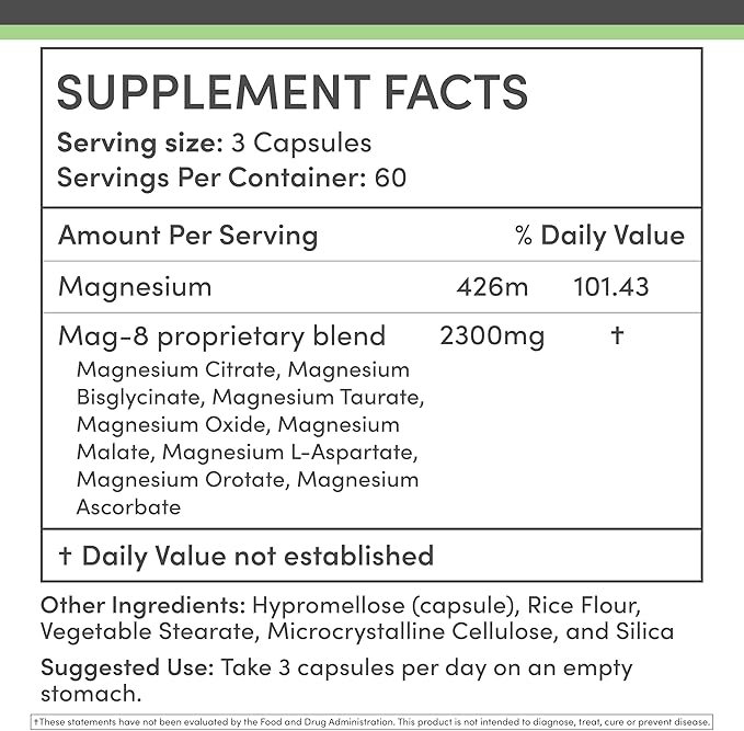 Magnesium Complex Supplement 180 Capsules (436mg Elemental Magnesium Provided by 2,300mg of Eight Different Forms of Magnesium) MAG-8 Provides 100% Daily Recommended Value of Magnesium by Double Wood