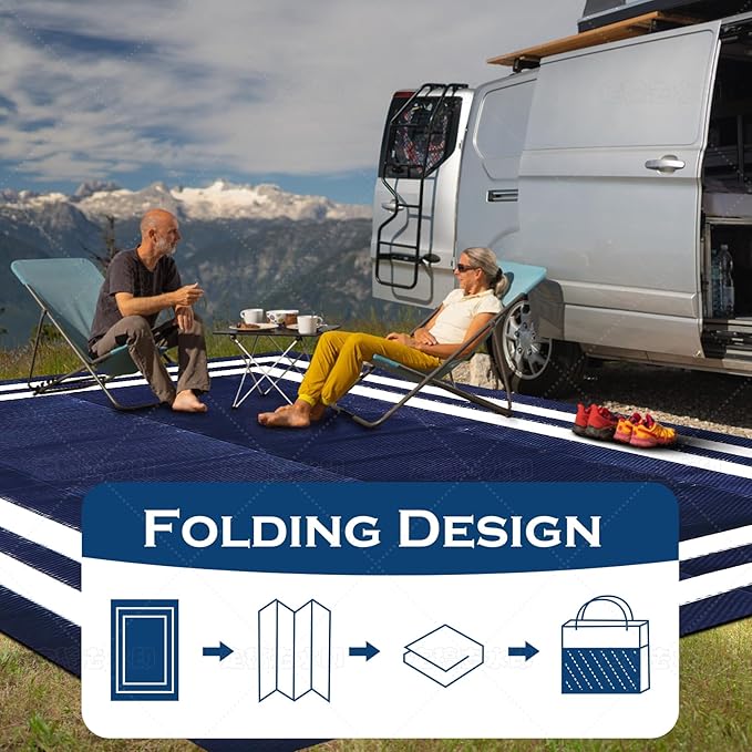5'x 8' Outdoor Rug,Waterproof Reversible Patio Rugs,5x8 ft Plastic Straw Outdoor Carpet Foldable Plastic Camping Mat for Outside RV, Patio,Picnic,Camper,Balcony,Porch(Navy Blue &White)