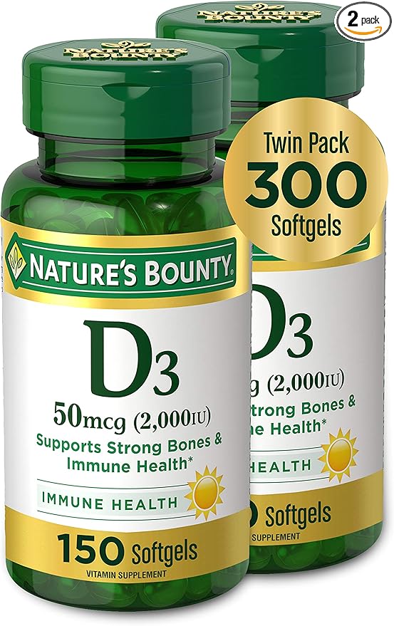 Vitamin D3 by Nature's Bounty, Vitamin Supplement, Supports Immune System and Bone Health, 50mcg, 2000IU,150 Count (Pack of 2)