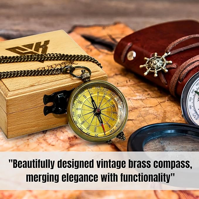 Antique Pocket Compass with Wooden Box for Gift on Birthday Compass Engraved with Inspirational Quotes, Brown Gift for Birthday Anniversary