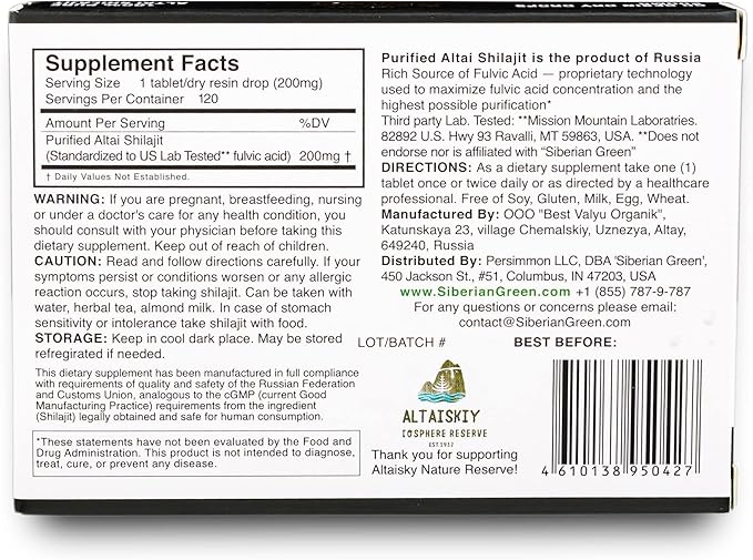 Premium Pure Shilajit Dry Drops Altai Golden Mountains - 120 Count (200 mg) Authentic Safety & Quality Certificate - US Lab Tested Fulvic Acid
