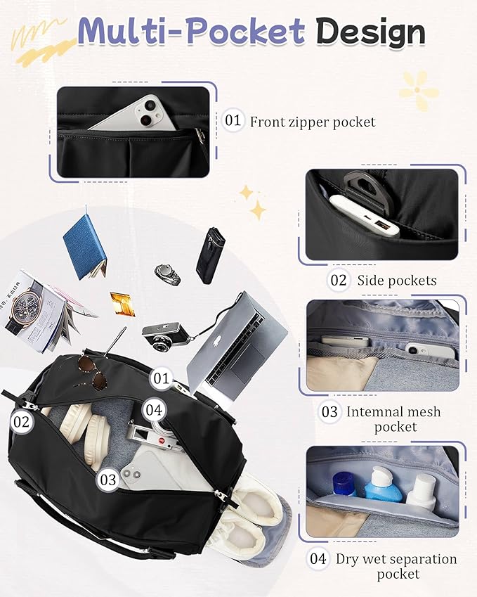 Small Black Gym Duffle Bag for Women Men with Shoe Compartment, Mini Cute Weekender Handbag Carry on Travel Bag for Airplane, Water Resistant Sports Yoga Tote Bag with Dry Wet Separated Pocket.