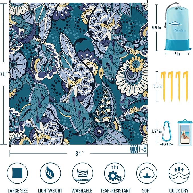 Beach Blanket Sandproof Waterproof 78''×81''1-5 Adults Oversized,Compact Lightweight Durable Beach Mat for Travel Camping Hiking Picnic Blanket