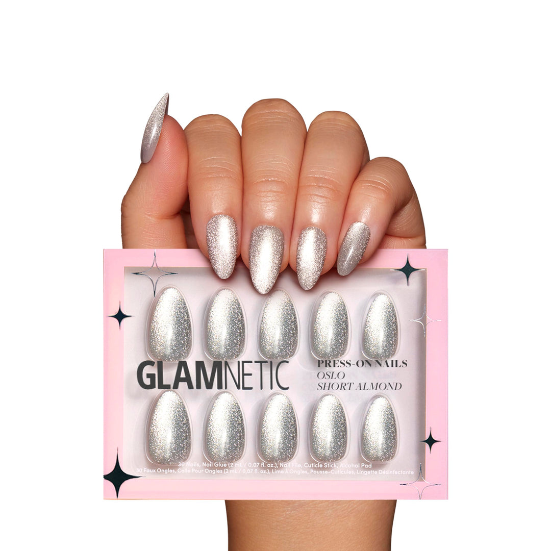 Glamnetic Press On Nails - Oslo | Short Almond Silver Shimmer Nails With A Cat Eye Finish | 15 Sizes - 30 Nail Kit With Glue