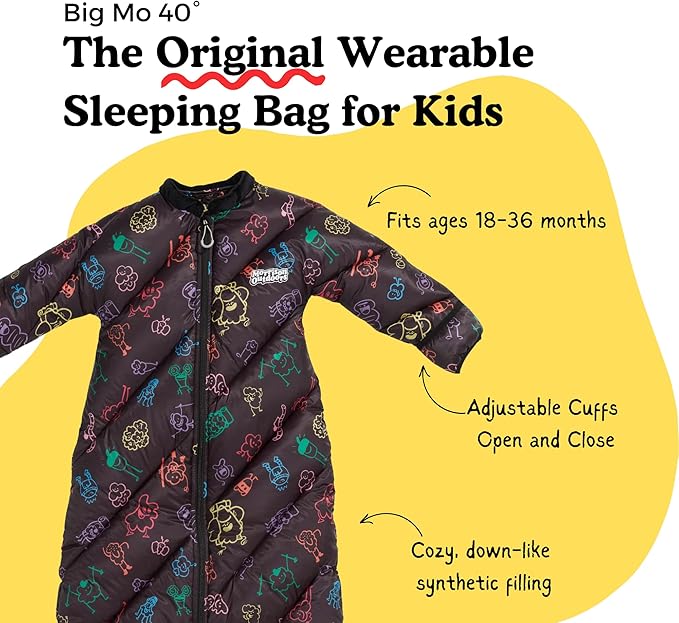 Big Mo 40° Kids Sleeping Bag (Ages 18-36m). The Coziest, Funnest Camping Sleeping Bag for Kids with Adjustable Cuffs.