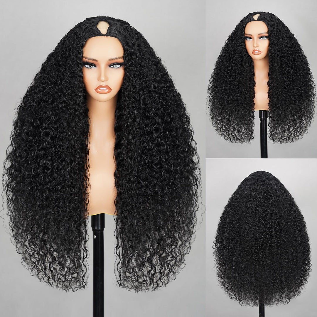 MEGALOOK V Part Wig Human Hair 12A Deep Curly Wig Human Hair 200% Density Half Wigs for Women Glueless U Part Wig with Clip Beginner Friendly No Sew In No Glue 18 Inch