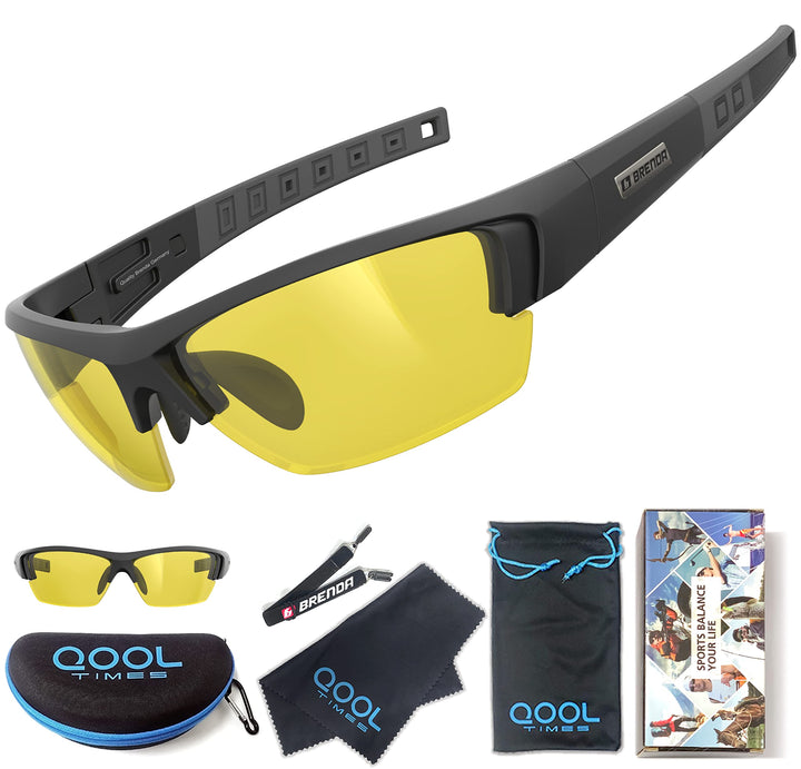 QOOL TIMES Living out your J13 Polarized Night driving yellow glasses for men Women, UV400 Running Cycling Full Pack Case Pouch and Strap