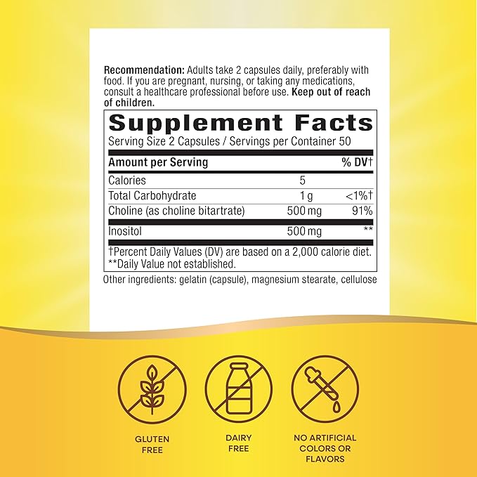 Nature's Way Choline & Inositol, Supports Brain Health & Cellular Energy*, 500 mg Choline & 500 mg Inositol per 2-capsule serving, Gluten Free, 100 Capsules (Packaging May Vary)