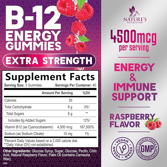 B-12 Vitamin Energy Gummies - 4500mcg Extra Strength B12 Gummy Chewables for Energy Metabolism & Immune Support - Dietary Supplement for Women, Men, & Kids - Non-GMO, Vegan, Berry Flavor - 120 Count