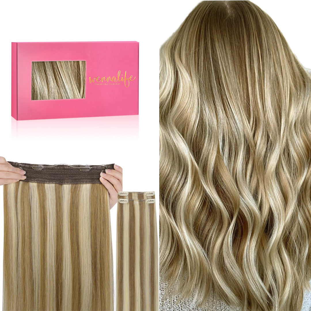 Wennalife Wire Hair Extensions (Increase 50% Lifespan) Real Human Hair 20 Inch 140G Ash Brown Highlighted Golden Blonde Remy Hai