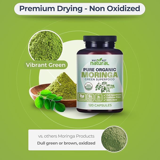 Why Not Natural Organic Moringa Pure Capsules - Green superfood Powder Supplement Pills - Maringa
