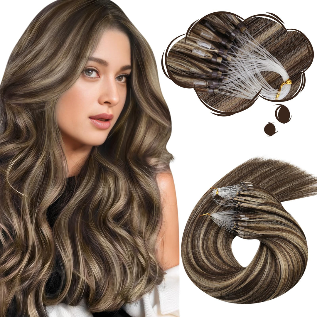 Moresoo Micro Bead Hair Extensions Ash Brown Human Hair Micro Link Hair Extensions 16 Inch Highlight Chocolate Brown With Carame