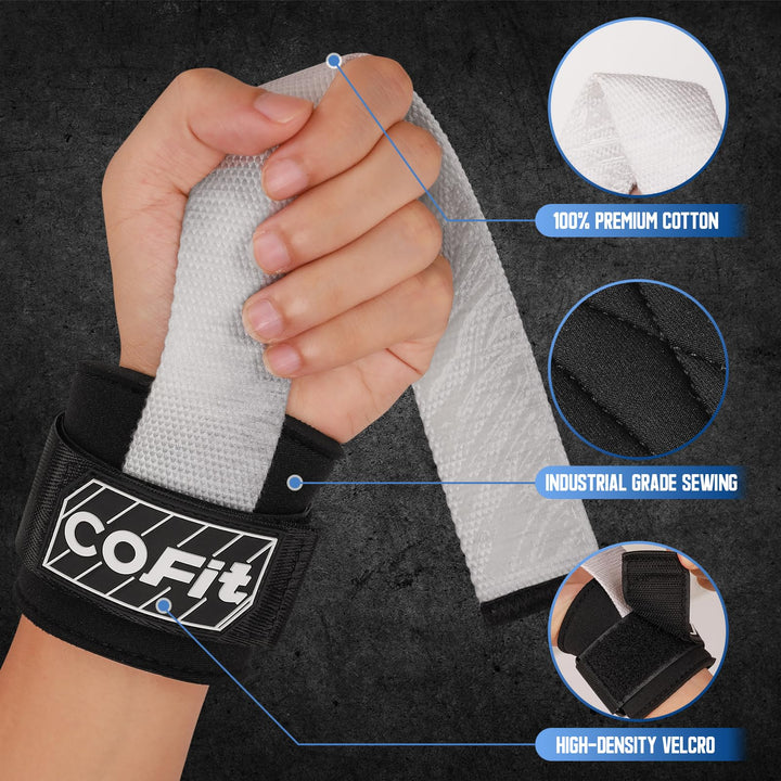 COFIT Workout Lifting Straps, Heavy Duty Weightlifting Wrist Straps with Extensive Cotton Padding Area, Enhanced Grip for Deadlifts, Powerlifting, Pull-Ups, Strength Training - White and Gray