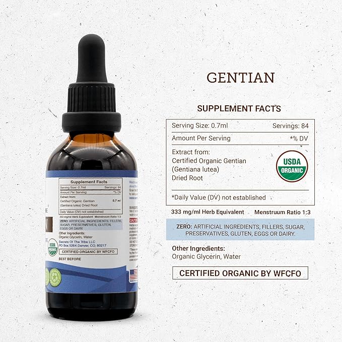 Secrets of the Tribe Gentian USDA Organic | Alcohol-Free Extract, High-Potency Herbal Drops | Made from 100% Certified Organic Gentian (Gentiana Lutea) Dried Root (2 oz)