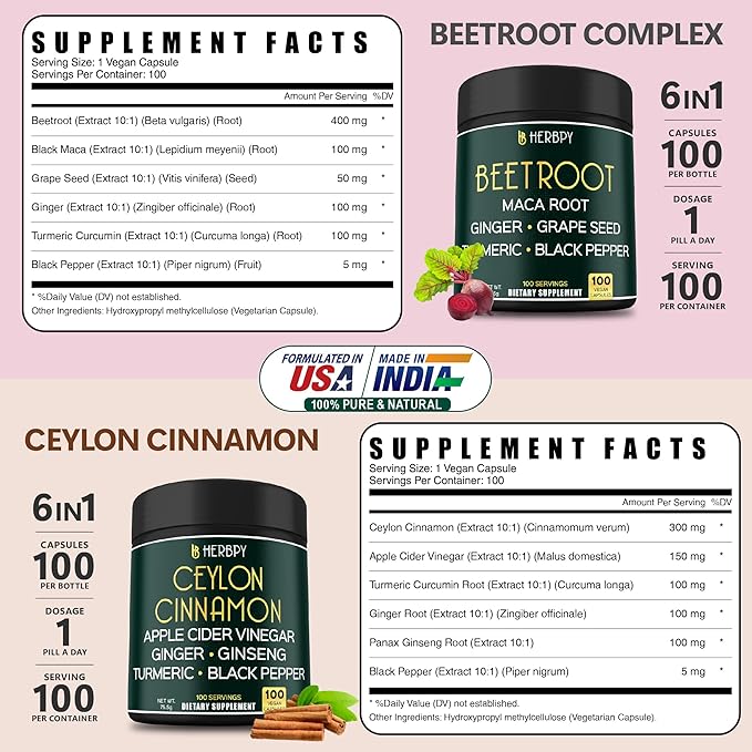 Bundle 6in1 Beet Root Capsules & 6in1 Premium Ceylon Cinnamon Supplements - Support Immune & Digestive Health