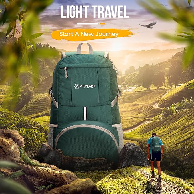 ZOMAKE Lightweight Packable Backpack 35L, Light Foldable Backpacks Water Resistant Collapsible Hiking Bag, Compact Folding Day Pack for Travel Camping(Dark Green)