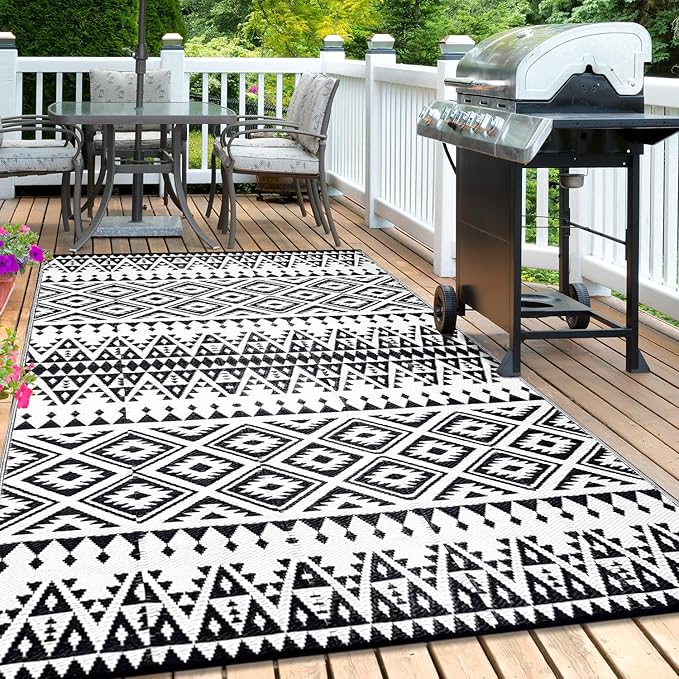 Waterproof Outdoor Rug 9x12ft, Bohemia Reversible Plastic Straw Mat for Patio RV Deck Porch Backyard Balcony Camping Picnic Beach Indoor Outdoor Carpet, Black&White