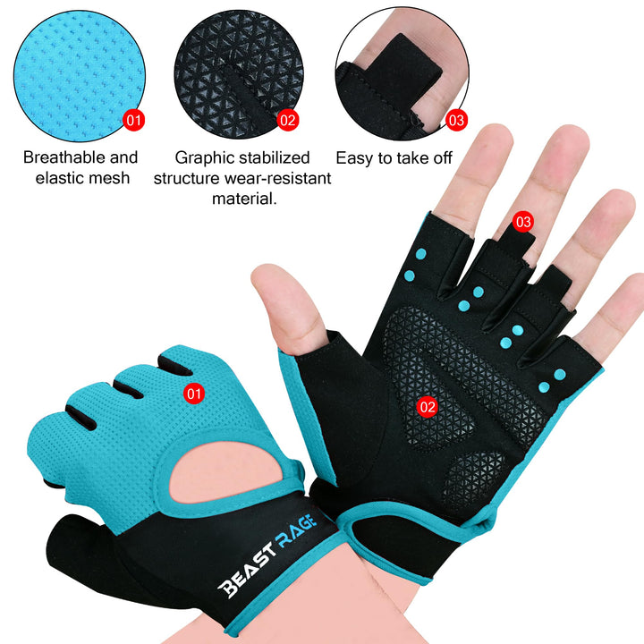 BEAST RAGE Workout Gloves for Men Gym Gloves for Weightlifting Women Fingerless with Palm Protection Padding, Breathable and Lightweight Weight Lifting Gloves Cycling Pull Up (Cyan, S)
