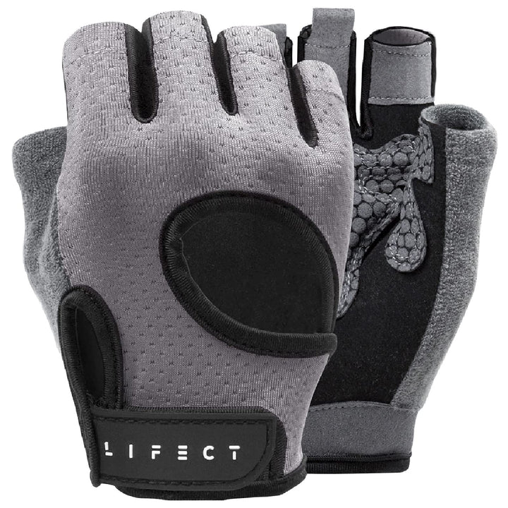 LIFECT Essential Breathable Workout Gloves, Weight Lifting Fingerless Exercise Gloves with Curved Open Back, for Powerlifting, Gym, Women and Men (Grey, Small)