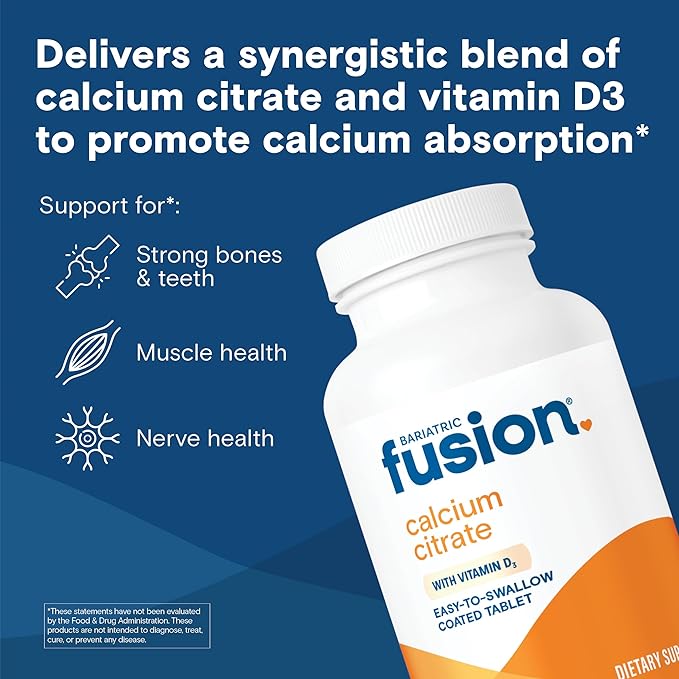 Bariatric Fusion Non Chewable Calcium Citrate with Vitamin D3 Tablet | Easy to Swallow Calcium Supplement with Vitamin D to Increase Absorption* | Bariatric Calcium Citrate 600mg | 180 Tablets