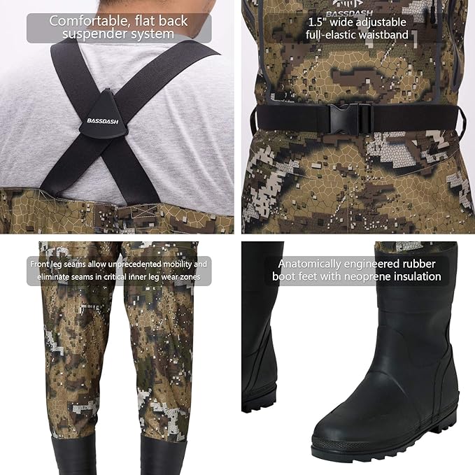 BASSDASH Breathable Ultra Lightweight Veil Camo Chest Stocking Foot Fishing Hunting Waders for Men
