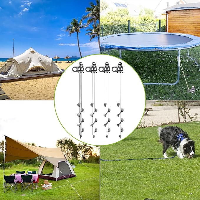 4 Pack Tent Stakes, 12 Inch Heavy Duty Ground Anchors, Full Welding, Easy to Screw in and Reusable, for Camping Tents, Trampolines, Sheds, Swing Sets, Securing Animals