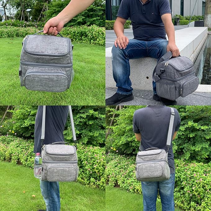FlowFly Double Layer Cooler Insulated Lunch Bag Adult Lunch Box Large Tote Bag for Men, Women, With Adjustable Strap,Front Pocket and Dual Large Mesh Side Pockets