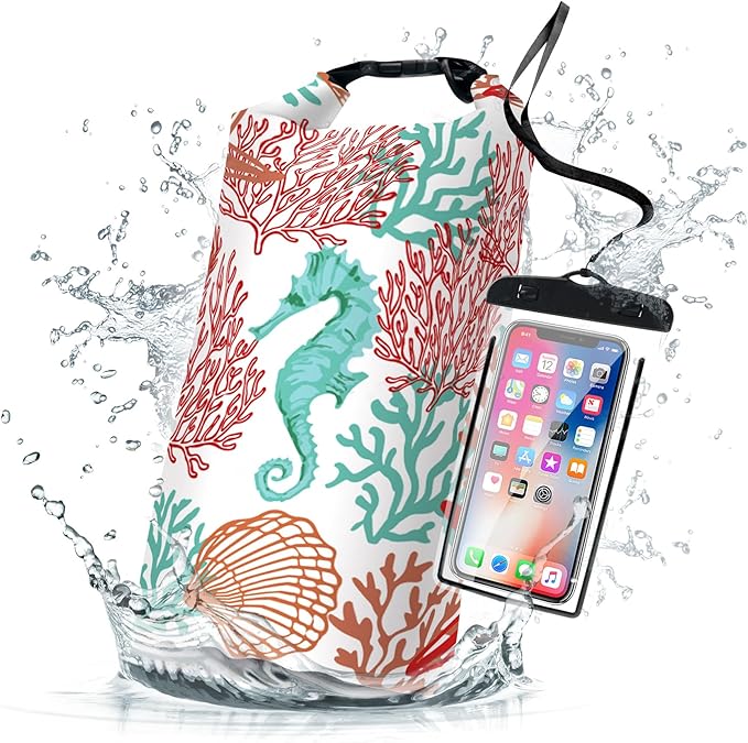Waterproof Dry Bag,Roll Top Sea Turtle Starfish Coral Small Waterproof Backpack 5L/10L/20L Floating Lightweight Bags for Kayaking, Boating, Fishing, Swimming Camping with Waterproof Phone Case