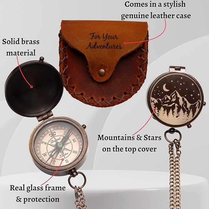 Antique Brass Compass with Leather Case - Mountains & Roads Engraved Pocket Compass for Men - Genuine Leather Pouch Stamped with 'For Your Adventures' - Vintage Gift for Husband, Father & Son