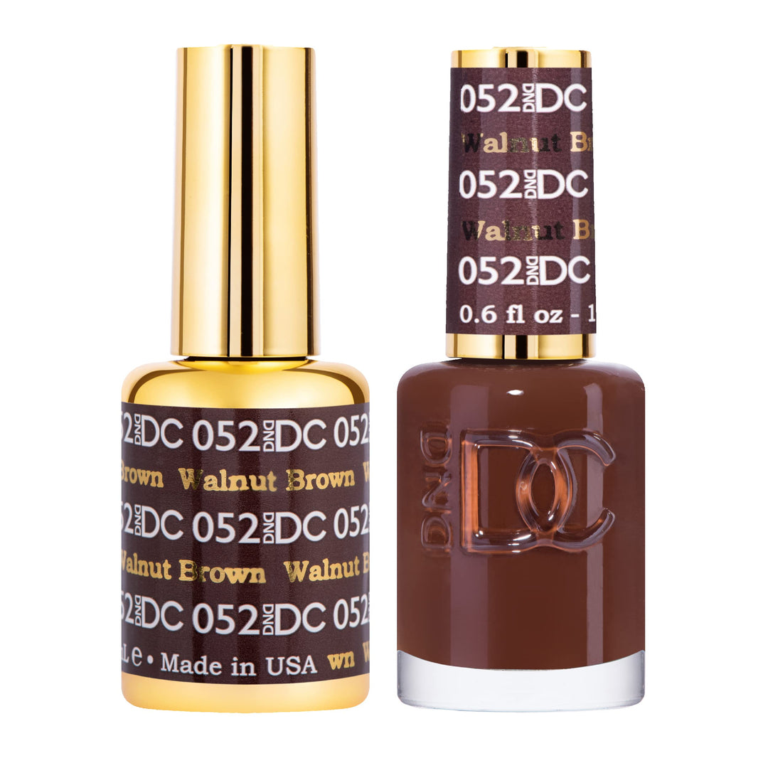 DND DC Gel Polish Set, Brown Collection, UV/LED Gel Polish and Air Dry Nail Lacquer, Matching Chip-Free Polish Duo, 052 Walnut Brown, 0.5 Fl Oz