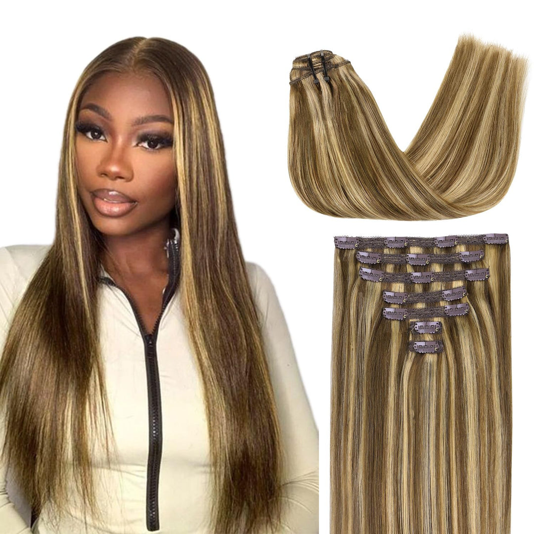 Lashey Clip In Hair Extensions Human Hair Straight 120G 7Pcs Classic Clip In Hair Extensions Balayage Ash Brown To Honey Blonde