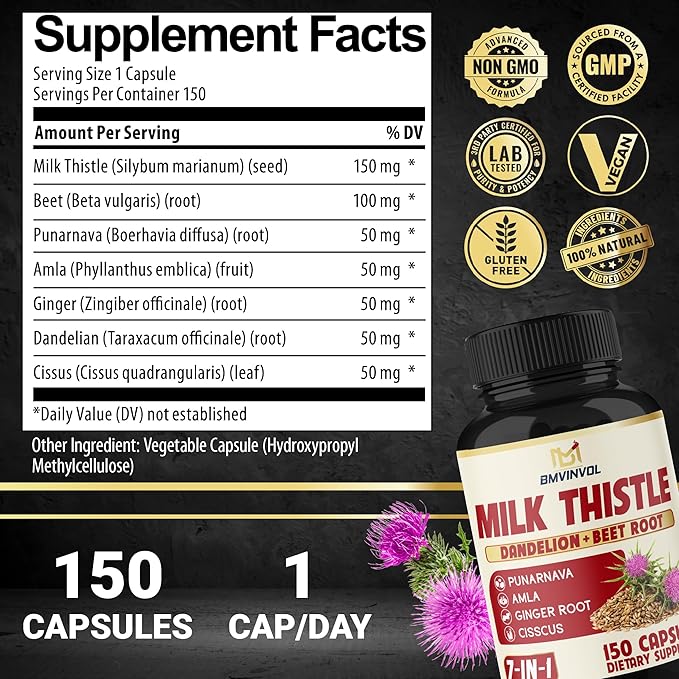 BMVINVOL Milk Thistle Capsules with Beet Root, Punarnava, Amla, Ginger, Dandelion, Cissus - 150 Count - 5 Month Supply